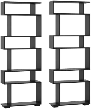 6 Tier S Shaped Bookshelf, Wood Geometric Bookcase, Modern Room Divider and Display Shelf, 64" Tall Staggered Bookshelf for Bedroom Living Room Office Study (2, Black) - Image 6