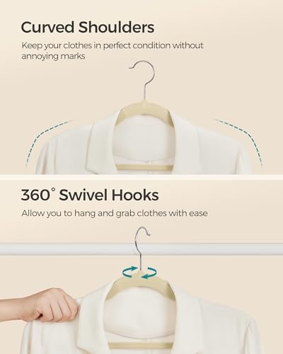 SONGMICS Velvet Hangers 50 Pack, Non-Slip Clothes Hangers with Shoulder Notches, Pants Bar, 360° Swivel Hook, Space-Saving, for Closet, Summer Sand UCRF029K05 - Image 7