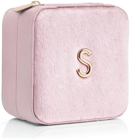 Vlando Small Travel Jewelry Box Organizer Display Case for Rings Earrings Necklaces Storage, Selected Soft Velvet, Letter S Engraved, Pink