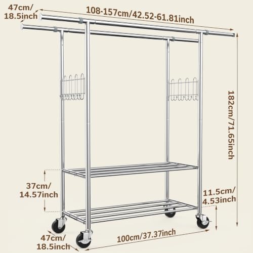 100% Stainless Steel Heavy Duty Clothes Rack Load 960LBS, Double Rod Clothing Rack for Hanging Clothes with Reinforced Rubber Rings, Extendable Rolling Garment Racks W/ Portable Wheel & Sturdy Shelves - Image 6