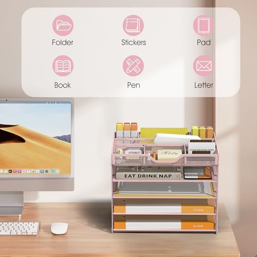 5 Tier Paper Letter Tray Desk Organizer with Pen Holders - Pink - Image 7