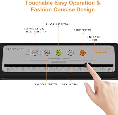 Updated Vacuum Sealer Machine 2025, MEGAWISE Food Sealer w/Starter Kit, Dry & Moist Food Modes, Compact Design with 10 Vacuum Bags & Built-in Cutter (Grey) - Image 6