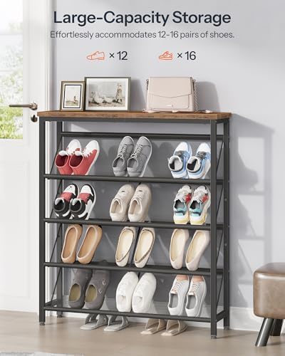 CHOEZON Shoe Rack, 5-Tier Slanted Shoe Storage Shelf, Narrow Shoe Rack for Entryway, Shoe Organizer with Adjustable Feet, Slim Shoe Shelf with Wooden Top and Metal Frame Rustic Brown and Black TXJ02BF - Image 6