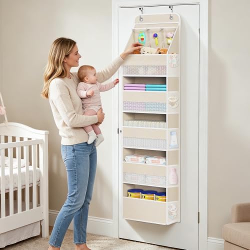 Univivi Fabric Over Door Hanging Organizer for Baby Nursery, Beige, 6-Shelf - Image 6