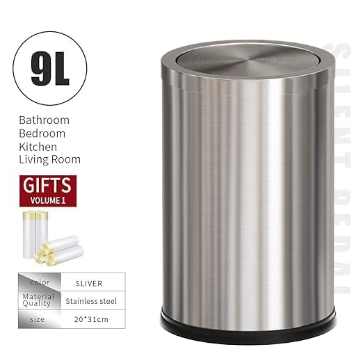 Brushed Nickel Bathroom Trash Can,Stainless Steel Garbage Can with Fild Lid,Small Trash Can for Bedroom,Hotel,Office,Laundry(Sliver)