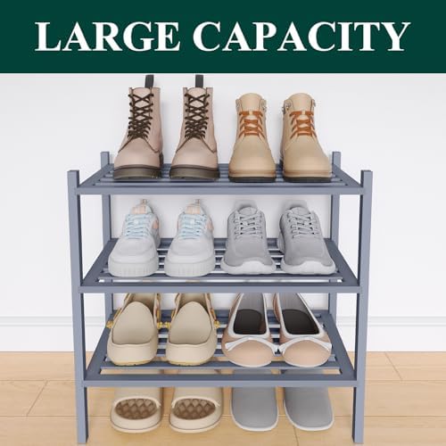 Smiry Bamboo Shoe Rack, 5 Horizontal Slats, 3 Tier - 17.3" Wide, Grey - Image 5