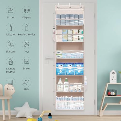Over Door Organizer with 6 Extra Large Pockets 12 Side Pockets, Sturdy Closet Storage Rack, Hanging Storage Organizer with Clear Window for Shoes, Diaper, Bedroom, Bathroom, Beige, 4-Pack - Image 7