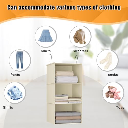 Hanging Closet Organizer 3-Shelf, Oxford Fabric Wardrobe Storage, Beige - Image 7
