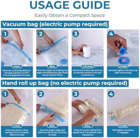 Travel Vacuum Bags with Rechargeable Cordless Pump, 20 Pack Vacuum Seal Bags for Clothing Travel Compression, Space Saver Vacuum Storage Bags for Clothes, Blanket, Bedding, Pillows, Comforters - Image 6