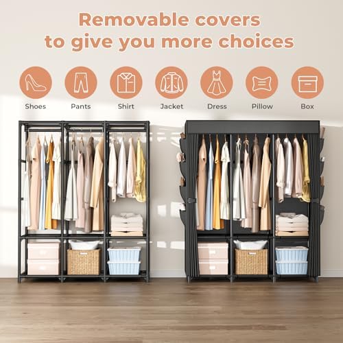 Wardrobe Closet, Portable Closets for Hanging Clothes 19mm Steel Tube Portable Wardrobe Closet for Bedroom, Clothes Rack with Cover, 3 Hanging Rod, 6 Storage Shelves and Side Pocket - Image 6