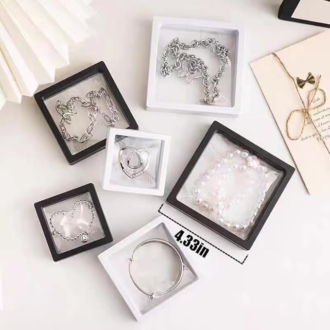 12PCS 3D Floating Frame Display Stand, Jewelry Box, Gift Box, Ornament Organizer, Small Travel Jewelry Box, PE Film Anti-Oxidation, Suspended Display Box Stackable (Black, 4.33 * 4.33)