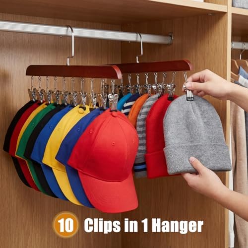 Novabright 2 Pcs Closet Organizer with 10 Clips Wooden Hat Rack for Closet, Space-Saving Hanging Organizer, Multipurpose Storage Display Accessory for Beanies, Ties, and Socks (Brown) - Image 6