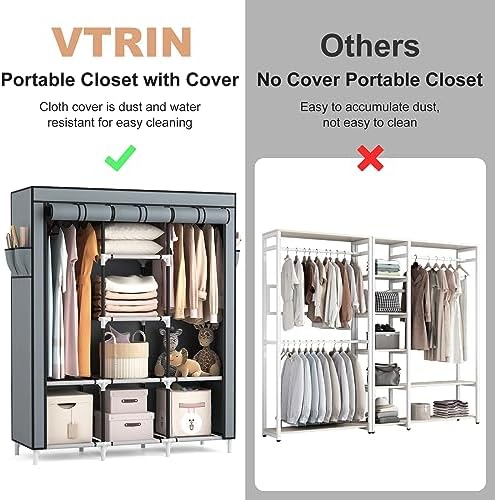 VTRIN Portable Closet Wardrobe for Hanging Clothes with 2 Hanging Rods and 8 Storage Organizer Shelves,Sturdy Large Wardrobe Closet for Bedroom Free Standing Clothes Rack with Cover,Grey - Image 6