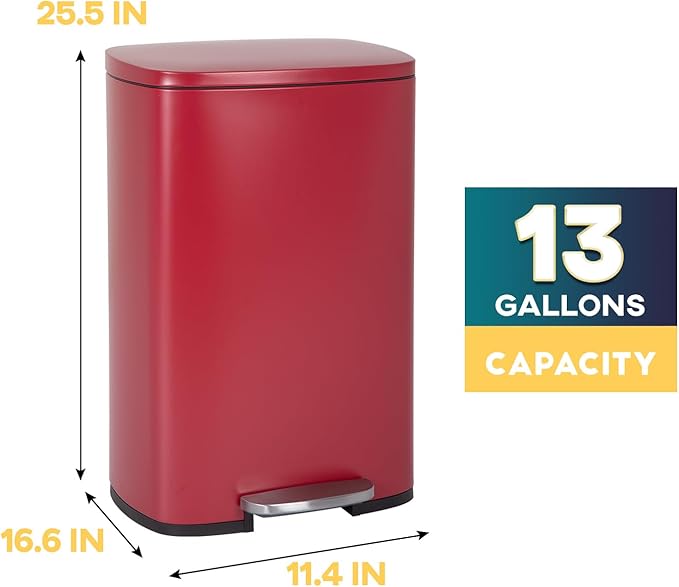 FDW | 13 Gallon Trash Can with Lid | Red | Fingerprint-Proof | Made of Brushed Stainless Steel | Soft-Close Step Pedal | Hands-Free Use | Easy to Clean | for Kitchen, Office, Bathroom