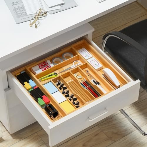 Utensil Organizer Silverware Tray For Drawer - Expandable Silverware Organizer Bamboo Flatware Organizer for Kitchen Utensils and Cutlery, Living Room Storage Box W13.5"-19.9" x L17.6" (Yellow) - Image 6