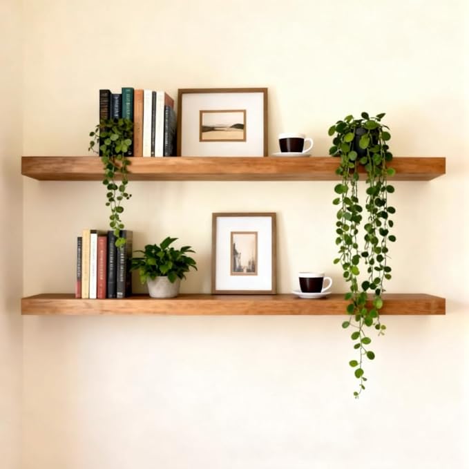 ROGMARS 36 Inches Long Walnut Floating Shelves,Rustic Solid Wood Farmhouse Wall Shelves with Invisible Brackets for Bathroom, Living Room, Bedroom, Kitchen Set of 2