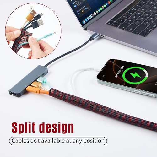 Cable Sleeve Self-Wrapping Wire Loom, Black Red,1/4 Inch x 100FT - Image 7