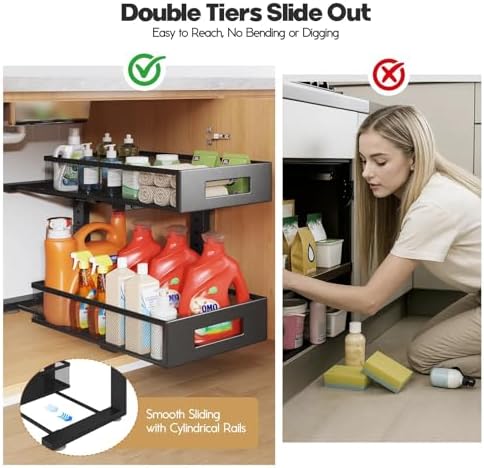 2 Packs 19IN Depth Under Sink Organizer, 2-Tier Pull Out Cabinet Organizer With Smooth Circular Rail, Large Capacity Metal Mesh Sliding Drawers For Bathroom& Kitchen Storage,Height Adjustable –Black - Image 7