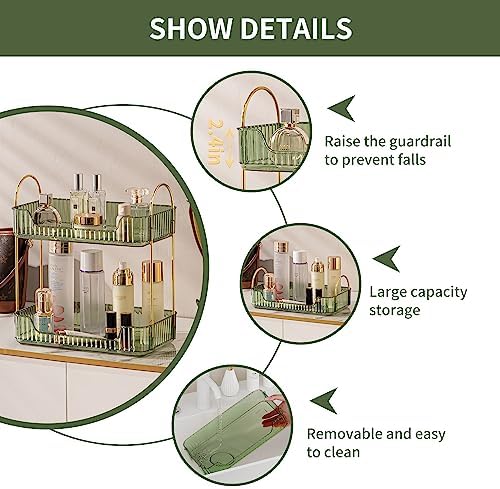 Akinbas 2 Tier Bathroom Organizer Countertop Makeup Perfume Tray Skincare Organizer for Bathroom Dresser Vanity (Green) - Image 6