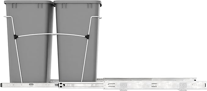 Rev-A-Shelf Double Pullout Trash Can for Kitchen Cabinets 35 Qt Garbage Recycling Bin on Full-Extension Slides, Silver, RV-18KD-17C S