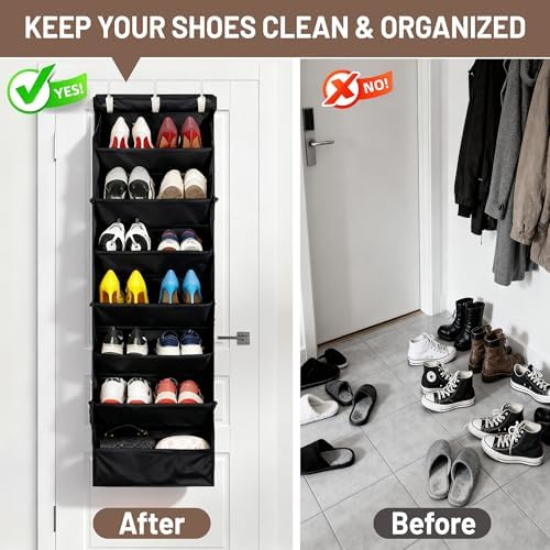 7 Tier Over the Door Shoe Organizer, Hanging Shoe Rack for Closet with Dustproof Mesh Curtain & 6 Side Pockets, Behind the Door Narrow Shoe Holder Hanger for Sneakers, Boots (Black) - Image 6