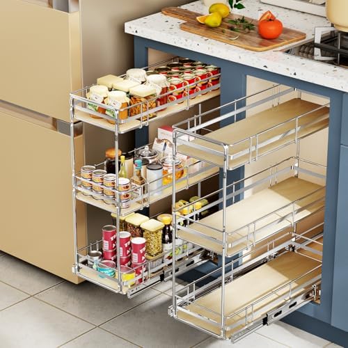 ROOMTEC 3-Tier Pull Out Cabinet Organizer Spice Rack for Narrow Cabinet 6" W x 20½" D, Slide Out Wood Shelves Storage for Kitchen - Image 6