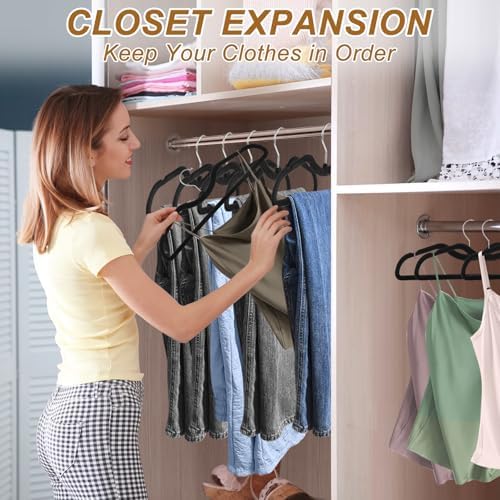 Pants Hangers Non Slip, 30 Pack Velvet Hangers for Closet with 30 Hooks, Strong Durable Slimline Space Saving Pants Hanger, Space Saving Flocked Hangaers for Pants, Shirts, Bra, Shorts (Black-M-shape) - Image 7