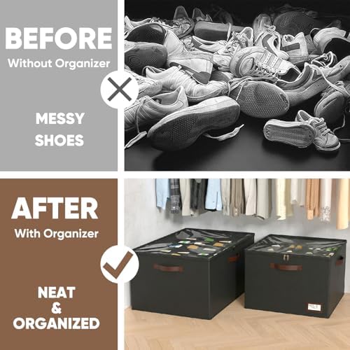 OIAHOMY 2 Pack Shoe Organizer for Closet, Large Foldable Shoe Storage Bins with Dividers and Reinforced Handles, Each Clear Cover Sneaker Box Fits Up to 24 Pairs for Entryway and Bedroom, Black - Image 7