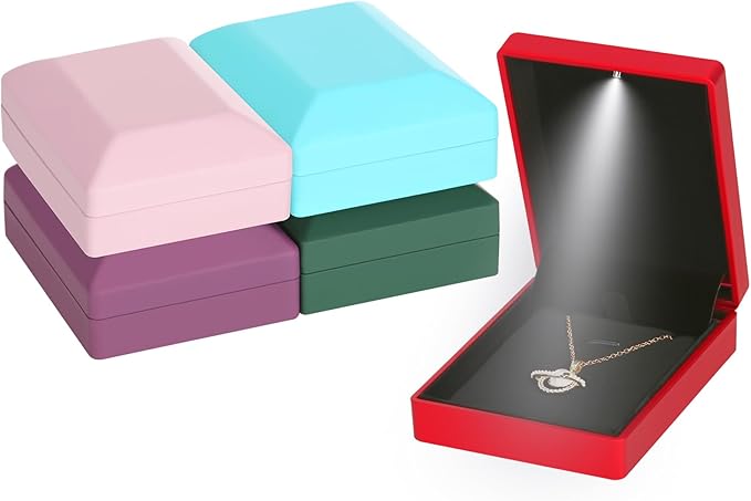 LED Light Pendant Necklace Gift Box, Velvet Jewelry Storage Display Case for Proposal Engagement Wedding Anniversary Birthday Valentine's Day (Red)