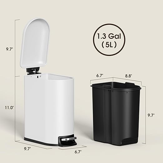 CEROELDA Small Bathroom Trash Can with Lid Soft Close, 5L/1.3 Gallon Stainless Steel Slim Garbage Can, Metal Waste Basket with Step Pedal, for Office, Bedroom, Toilet, Dorm Room (White, 1.3 Gallon)