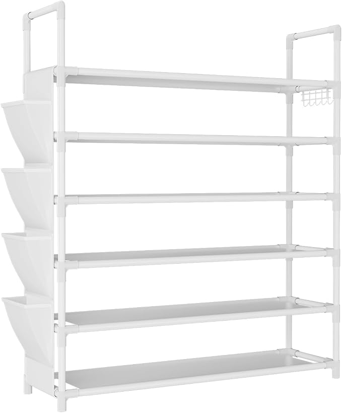 LANTEFUL 6 Tier Shoe Rack Storage for 24-30 Pairs Shoe and Boot, Shoe Organizer with Hook and Side Pocket Free Standing Long Shoe Shelf Tall Shoe Rack Organizer for Closet, Entryway, Dorm, White