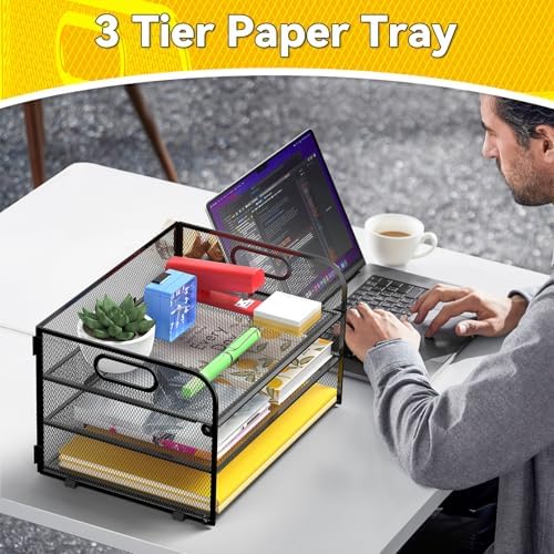 MINDEPOT 3 Tier Paper Organizer Tray with Handle, Mesh Letter Tray - Image 7