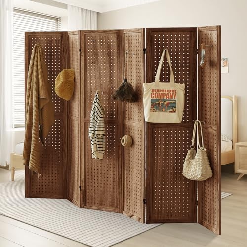 6 Panel Pegboard Display with 24 Hooks,Partition Room dividers, Wooden Room Divider Wall and Folding Privacy Screens, Pegboard Room Divider, Bedroom, Balcony, Dark Brown - Image 7