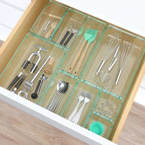 StorMiracle 28 PCS Clear Plastic Drawer Organizers Set, 4 Size Desk Drawer Organizer Trays for Makeup, Jewelry, Kitchen Utensils, Gadgets and Office Accessories, Sea Blue - Image 6