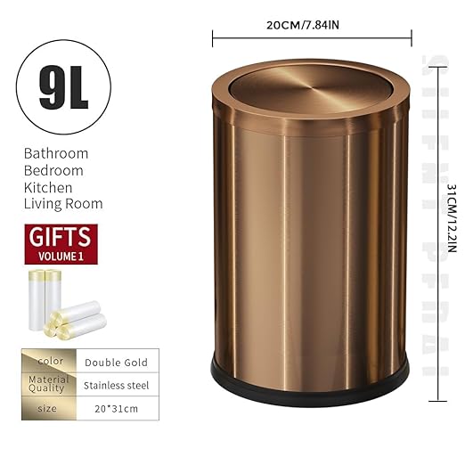 Antique Brass Bathroom Trash can with lid,Stainless Steel,Small Grabage Can with Flipping Lid, 9L/2.4Gal for Living Room,Bedroom,Guest Room,Hotel (Rose Gold)