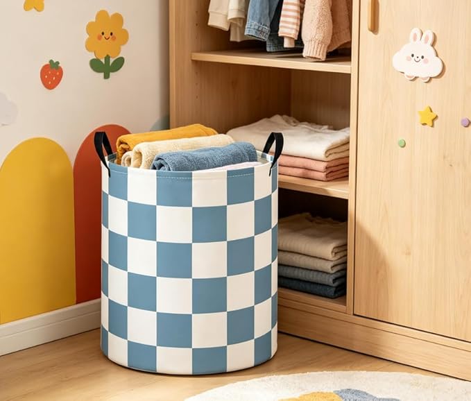 Baby Laundry Basket Baby Nursery Hamper Kids Laundry Basket Toy Storage Bin for Boys Room Decor Gift Baskets for Bedroom Bathroom(Blue Checkered)