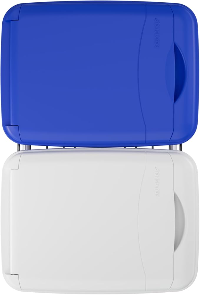 Rev-A-Shelf RV-18KD-11RC-S Double Pullout Trash Can for Kitchen Cabinets 35 Qt Garbage Recycling Bin on Full Extension Slide, Blue/White