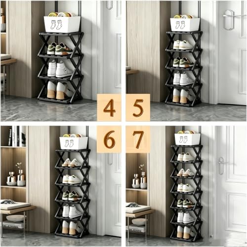 8 Tier Foldable Shoe Rack, Bamboo Vertical Shoe Organizer Tall for Multifunctional Narrow Shoe Shelf for Entryway, Closet, Corner, Bedroom, Hallway(Black) - Image 6