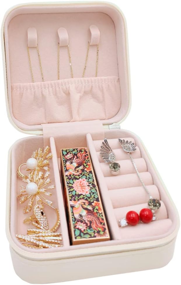 TRODANCE Mini Jewelry Case, Small Travel Jewelry Organizer, Portable Jewelry Box Storage Display Box For Rings, Earrings, Necklaces (White-4)