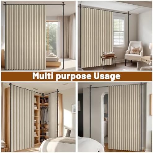 100% Blackout Room Divider Curtains Sets Beige W100 x L84 in,1 Panel Curtain Rods No Drilling Adjustable Tension (H) 43-120×(W) 35-100 in Room Wall Divider for Apartment/Dorm - Image 6