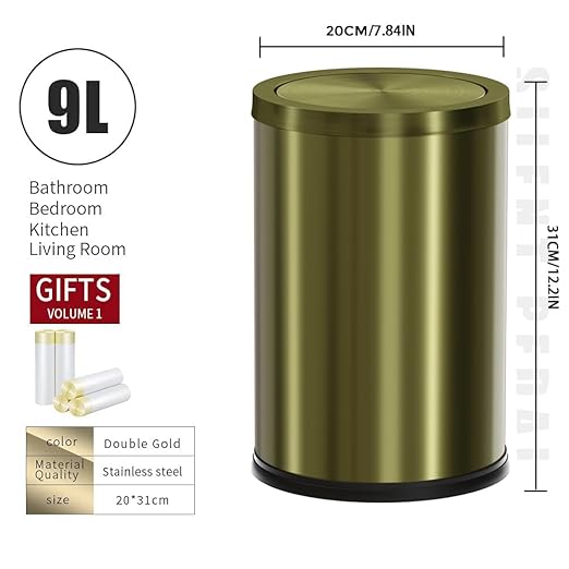 9L/2.4Gal Antique Bronze Bathroom Trash Can, Small Flip Garbage Can with Lid,Brushed,Single-Layer,Trash Bin for Laundry,Hotel,Office, Laundry Room (Bronze)