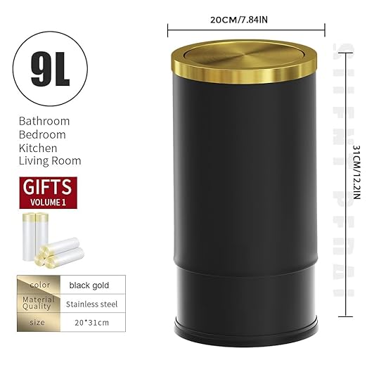Brushed Brass Garbage can,Bathroom Trash can with lid,Modern Small Trash Can with Flipping Lid, 9 L,Garbage cans for Bathroom, Kitchen,Bedroom, Metallic Gold (Black(Double))
