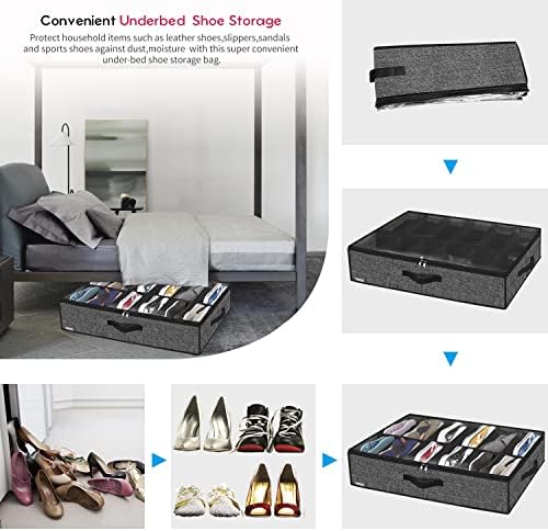 Onlyeasy Sturdy Under Bed Shoe Storage Organizer, Set of 2, Fit 12 to 24 Pairs, Underbed Shoes Closet Storage Solution with Clear Window, Breathable, L29.3 x W23.6 x H5.9, Linen-like Black, MXAUBSB2P - Image 6