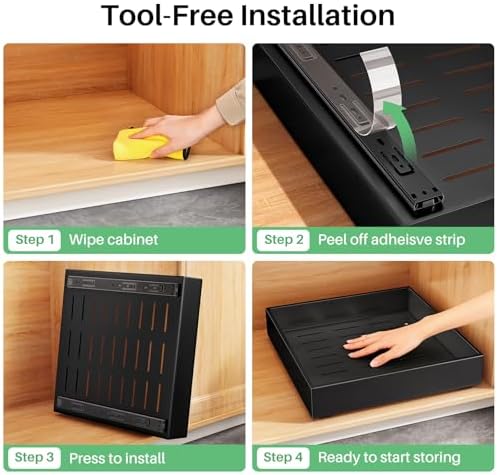 2Pack Pull out Cabinet Organizer, 21"Deep, Heavy Duty Full-extension Slide out Drawers for Kitchen Cabinet, Roll out Shelf Storage with Nano Adhesive for Pots,17"W x 21"D x 3.1"H, Black - Image 7