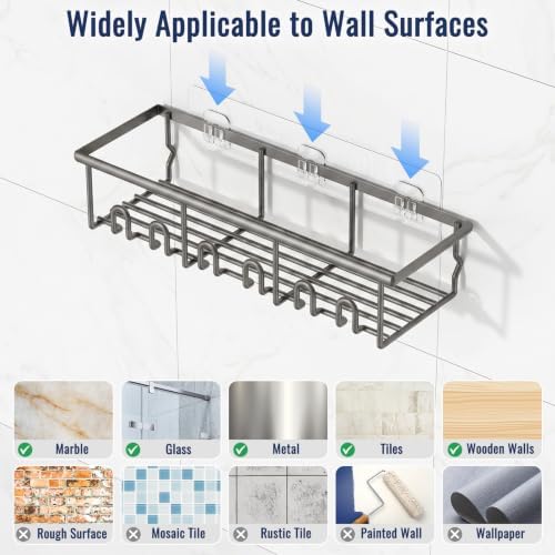 8 Pack Adhesive Rustproof Shower Caddy with Soap Dishes, Toothbrush Holder & Hooks, Large Capacity No-Drilling Shower Shelves Rack for Bathroom Organizers and Storage Accessories, Dark Gray - Image 7