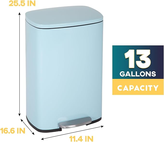 FDW | 13 Gallon Trash Can with Lid | Blue | Fingerprint-Proof | Made of Brushed Stainless Steel | Soft-Close Step Pedal | Hands-Free Use | Easy to Clean | for Kitchen, Office, Bathroom