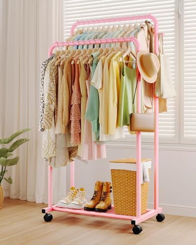Sakugi Double Rod Clothes Rack Mesh Shelf & Hooks, 28.7x16.5x59.1, Pink - Image 3