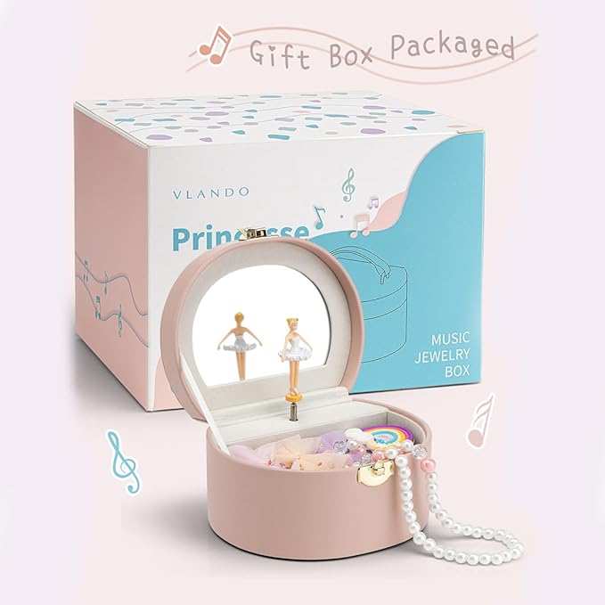 VLANDO Musical Jewelry Box for Girls, Small Kid Music Box with Ballerina for Party Bedroom Decor, Bithday Gift for Girl - Pink