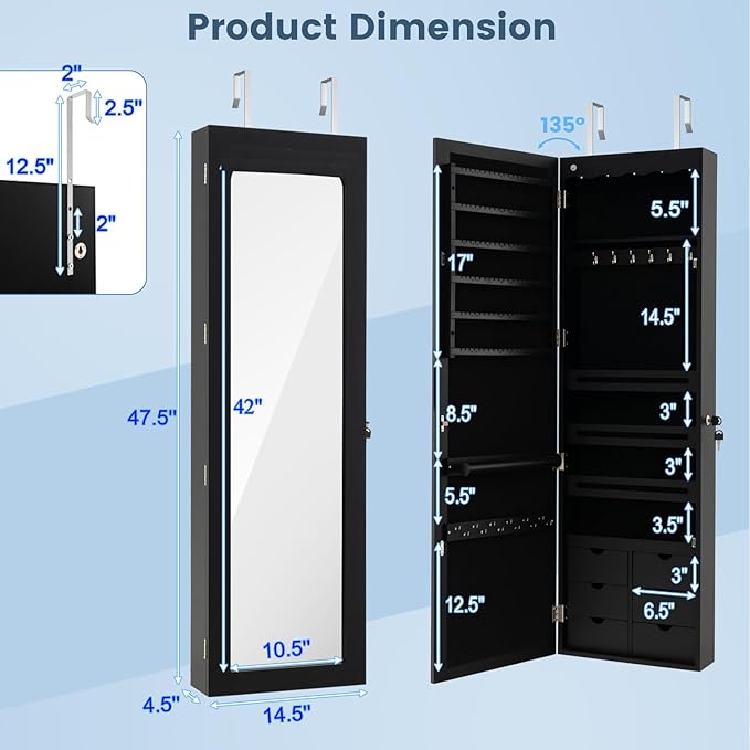Giantex Wall Door Mounted Jewelry Cabinet with Full Length Mirror, Lockable Over Door Jewelry Armoire with LED Lights, 47.5" Large Jewelry Storage Organizer with 6 Drawers, Black