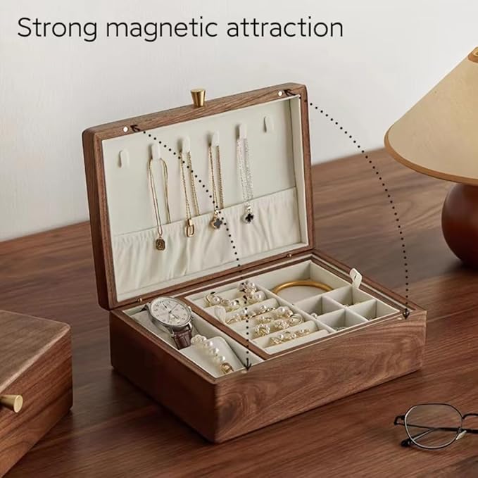 Bescott 2 Layer Solid Black Walnut Wooden Jewelry Box for Women Wood Vintage Organizer for Men Earrings Rings Necklaces Bracelet Watch Storage